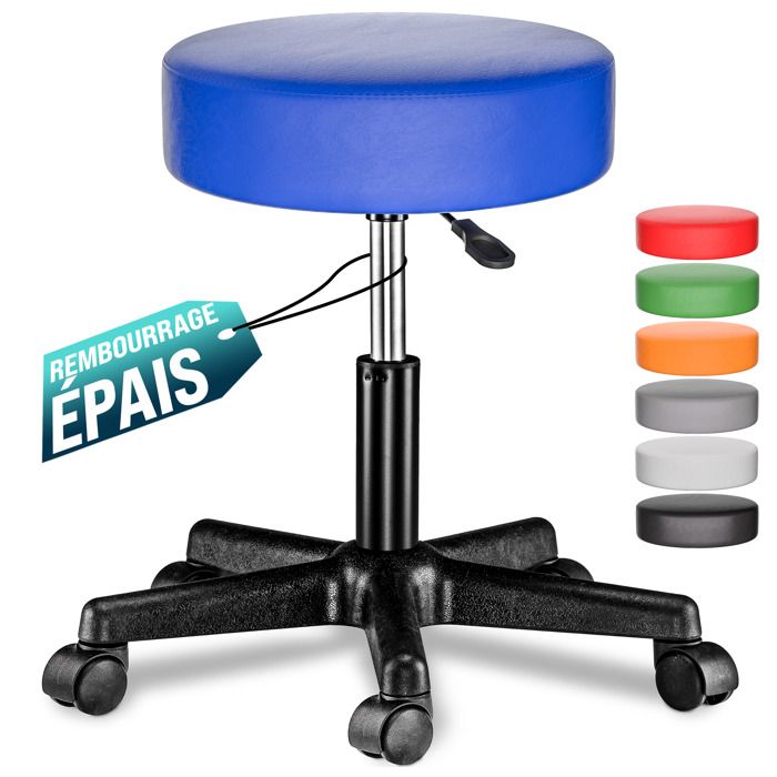 Tabouret siège à roulettes bleu Pivotable 360° Réglable en hauteur Coussin 10cm