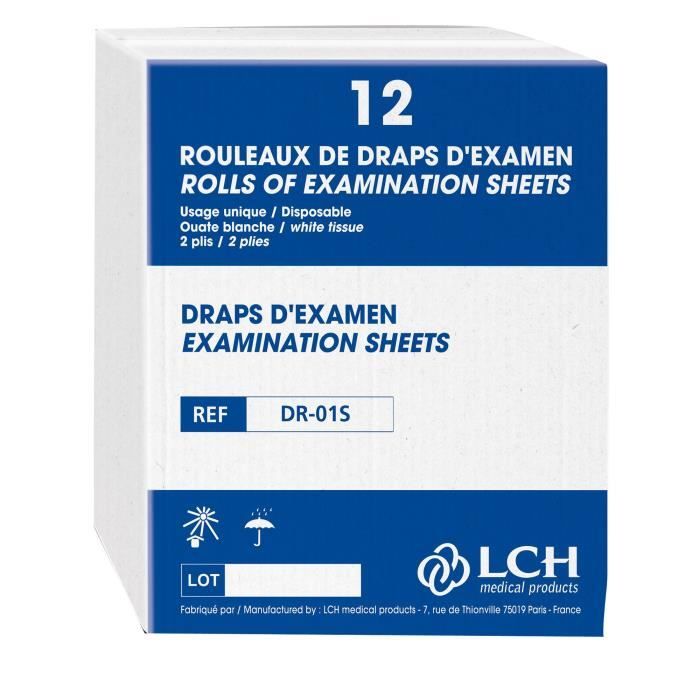 Carton de 12 rouleaux de draps d'examen Blanc Lisse pur 50 x 38 cm