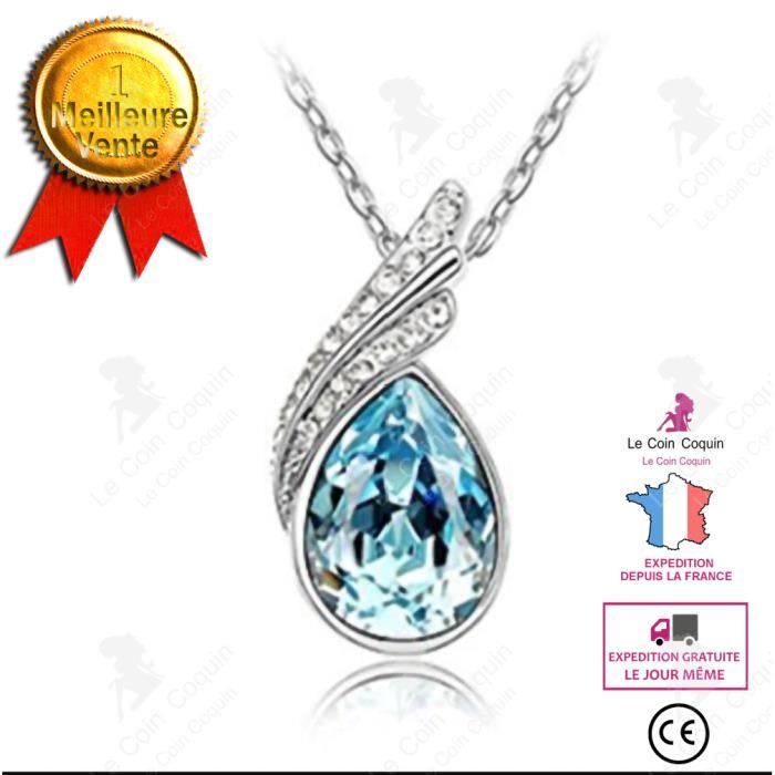 LCC® Collier femme argent cristaux avec faux diaments plaque d'argent pendentif goutte d'eau en fleur Swarovski Aquamarine elegante