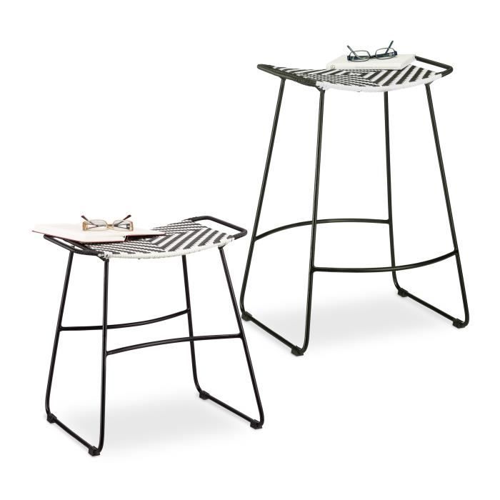 Relaxdays Tabouret poly rotin tabouret noir et blanc pouf jardin, extérieur tabouret salle de bain, assise siège - 4052025962340