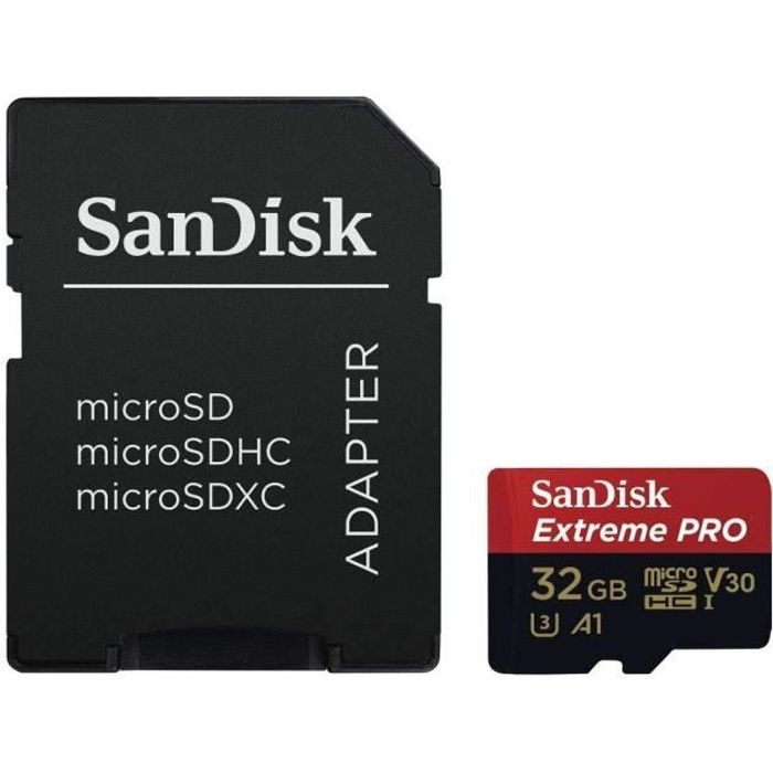 Carte Mémoire microSDHC SanDisk Extreme PRO 32 Go + Adaptateur SD jusqu'à 100 Mo/s, Classe 10, U3, V30, A1
