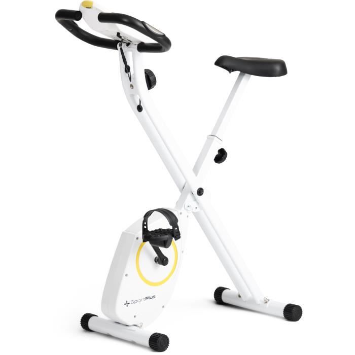 SportPlus Vélo d'appartement X-Bike pliable pour la maison, blanc avec 8 niveaux, support pour tablette & Bluetooth, jusqu'à 110 kg