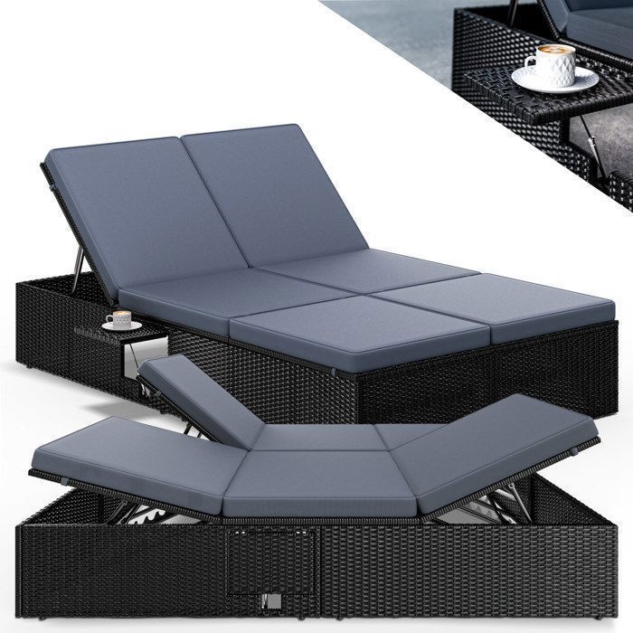 CASARIA® Chaise longue double noir/anthracite extrémités réglables bain de soleil 2 places polyrotin chaise d’extérieur