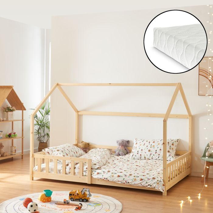 Lit cabane Hesel avec matelas à mousse froid 120 x 200 cm naturel