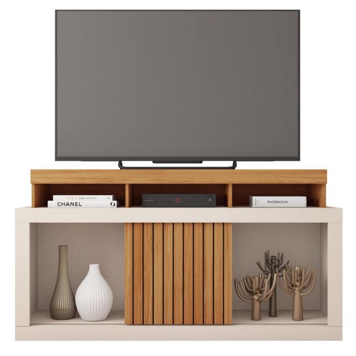 Meuble TV 55 Pouces Chêne et Blanc 1 Porte 6 Roulettes L 136 H 74 P 39 cm - L 136 x l 39 x H 74 cm Meuble TV 55 Pouces Chêne et Blanc 1 Porte 6 Roulettes L 136 H 74 P 39 cm - L 136 x l 39 x H 74 cm