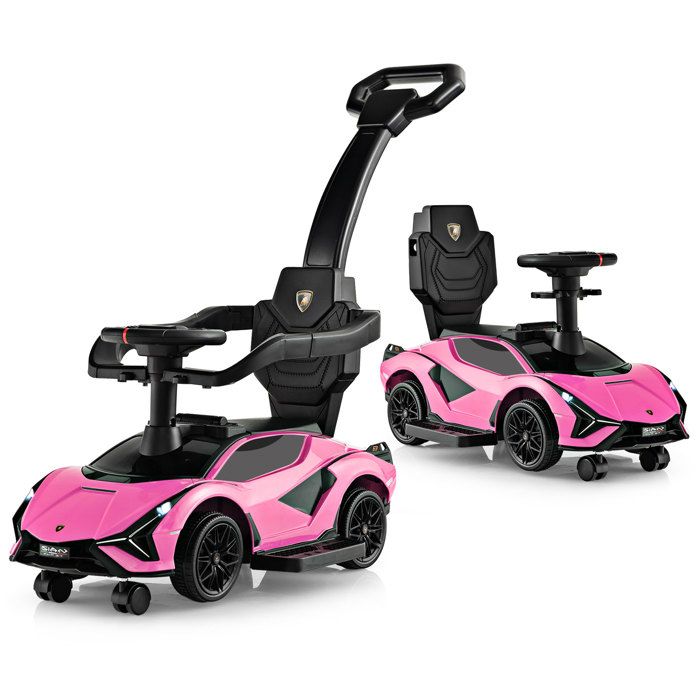 GOPLUS Voiture à Pousser 3-en-1 Lamborghini pour Enfants de 18 -60 Mois-Roue Universelle Détachable Port USB Musique Poignée Rose