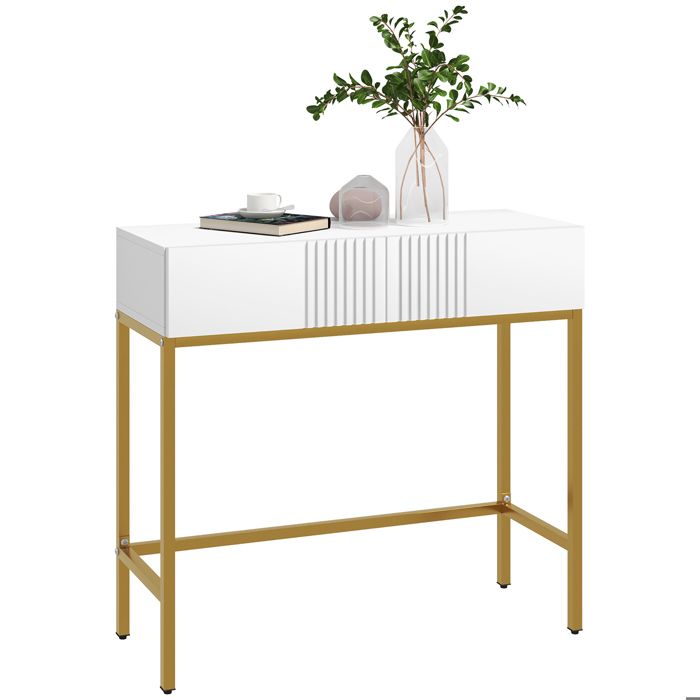 Table Console D'Entrée Blanche & Or 80x30x80.5cm | MDF & Métal | Avec Tiroir Et Étagère | Design Moderne Pour Salon Ou Entrée