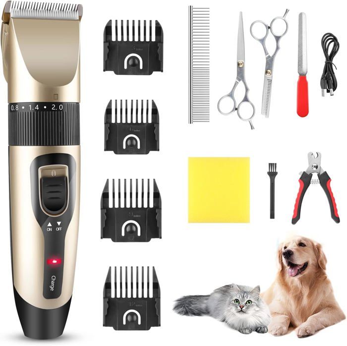 Comparer les prix de Tondeuse pour Chat Poils Longs Tondeuse pour Chien Professionnelle avec 4 Accessoires de Peigne Silencieuse USB Rechargeable