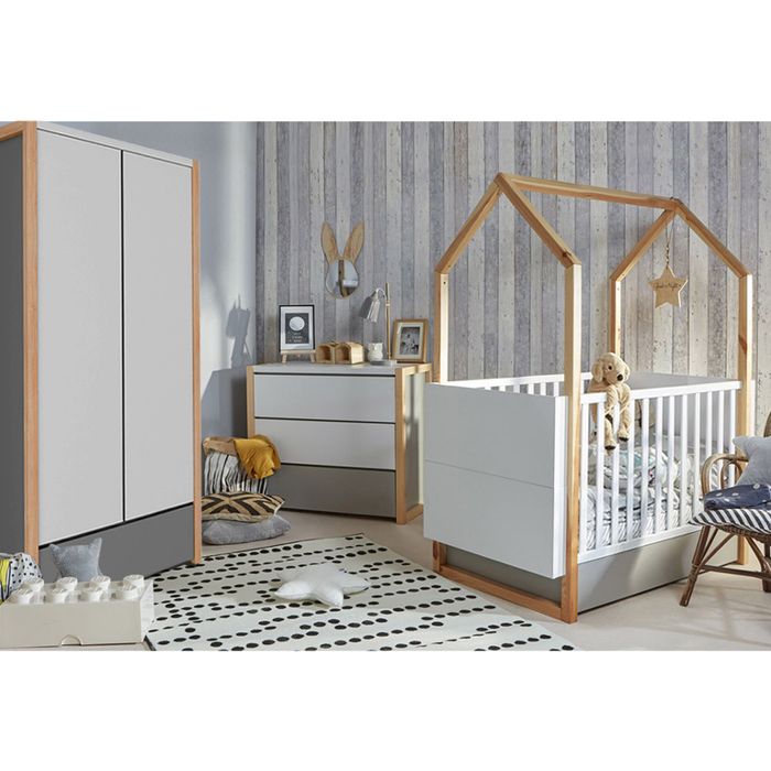 Chambre complète 2 portes Bellamy - 144 x 80 x 86 5cm - Blanc et gris