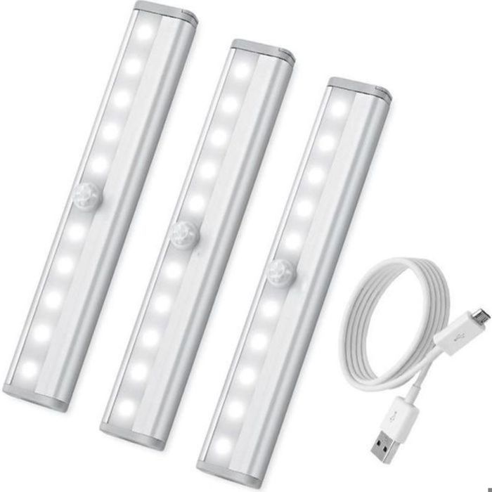 10LED Lampe Détecteur de Mouvement 3 Pack USB Rechargeable Veilleuse LED pour Maison Cuisine et Bureau Blanc