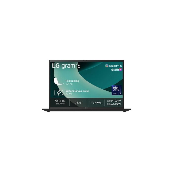 PC portable Lg Gram 16 16Z90TL-G.AU88F 16 Copilot+ Intel® Core™ Ultra 7 32 Go RAM 1 To SSD Noir Obsidien