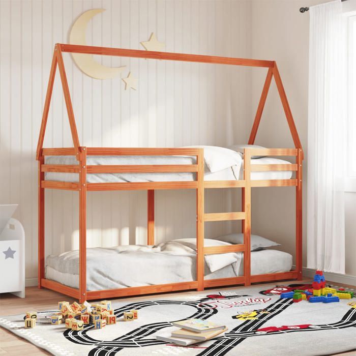SALE 2025Lit superposé enfant - Lit 2 personnes - cire marron - 90x200 cm pin massif 37.8 Kg 2386