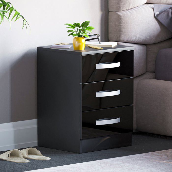 Table de chevet Hulio noire haute brillance avec 3 tiroirs – Meuble de chambre moderne