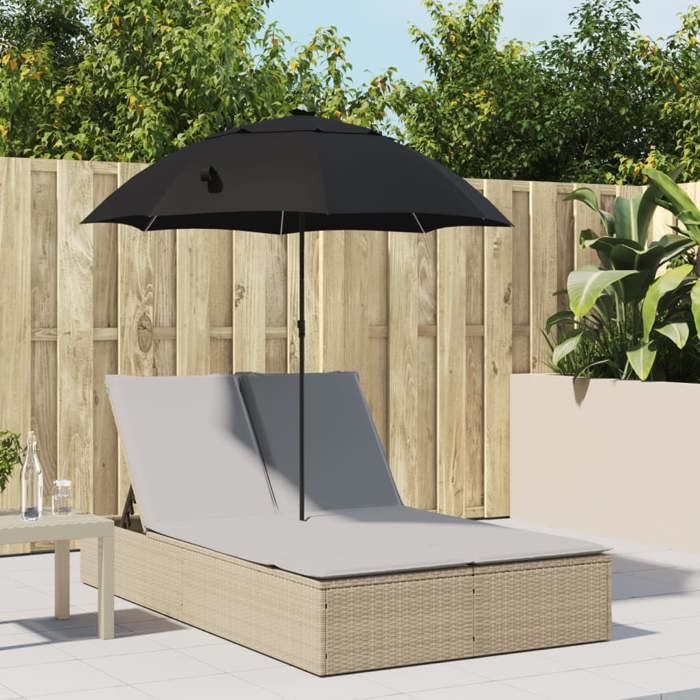 94597& Bains de soleil double avec coussins et parasol beige poly rotin - L200 x P164 x H176 cm - tissu 100 % polyester