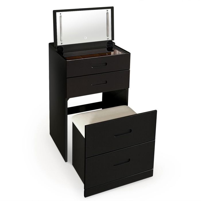 MENZZO Coiffeuse compacte 48cm avec miroir LED tiroir et pouf intégré Germina Noir