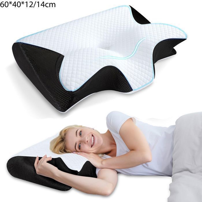 Oreillers à Mémoire de Forme Ergonomique Cervical pour Dormir sur Le Côté et sur Le Dos 60x40x12/14cm Noir
