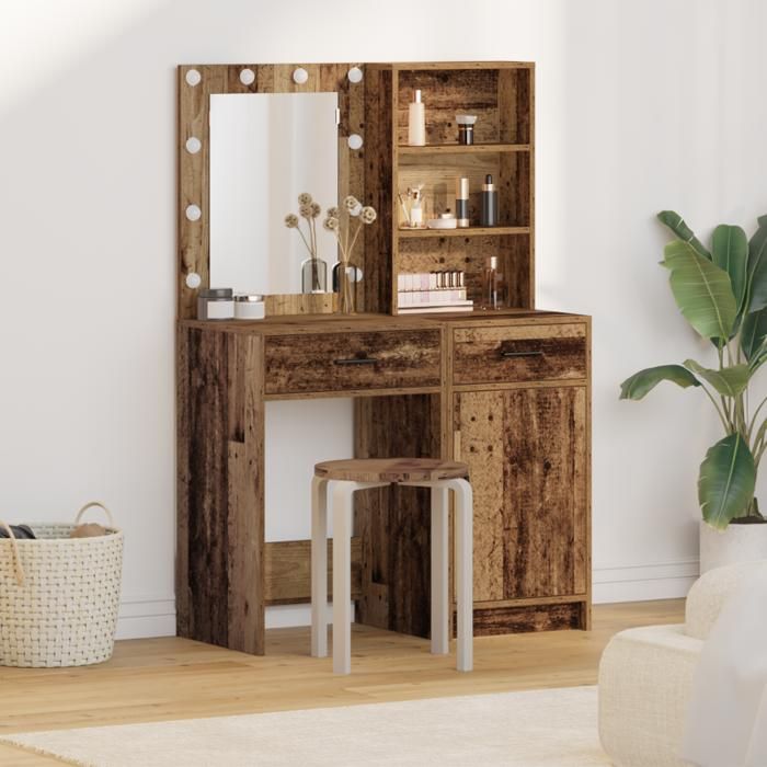 Ensemble de coiffeuse 2 pièces avec LED en bois vieilli en bois d ingénierie