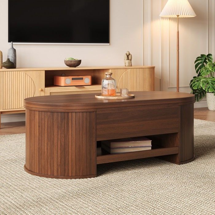Table basse relevable multifonction - Plateau ajustable côtés bois incurvés & étagère coulissante - Meuble salon design Table basse relevable multifonction - Plateau ajustable côtés bois incurvés & étagère coulissante - Meuble salon design