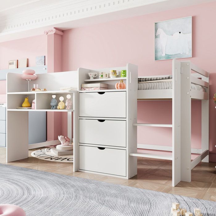 Lit mi-hauteur - 90x200cm - Forme Maison - plusieurs compartiments de rangement - sans matelas - blanc