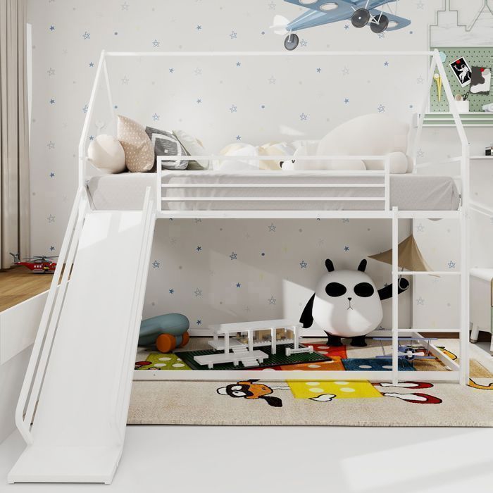 Lit superposé enfant - SOGEU - Forme de Maison - 90x200 cm - Avec toboggan - Cadre métal blanc