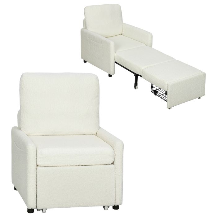 Fauteuil convertible 1 place - HOMCOM - rangement caché assise large et rembourrée - polaire Teddy - 72 x 85 5 x 91 cm - crème