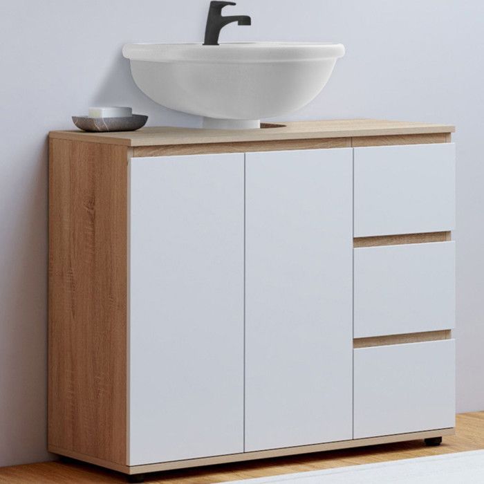 IDMARKET Meuble sous lavabo salle de bain TOMI avec placard et 3 tiroirs façon hêtre et blanc IDMARKET Meuble sous lavabo salle de bain TOMI avec placard et 3 tiroirs façon hêtre et blanc