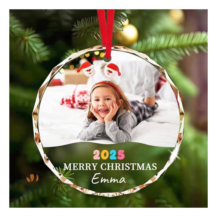 Boule De Noël Personnalisée Photo 2025 - Ornement En Verre 6 Mm, Avec Ruban, Pour Sapin, Cadeau Famille, Premier Noël, Souvenir Personnalisable