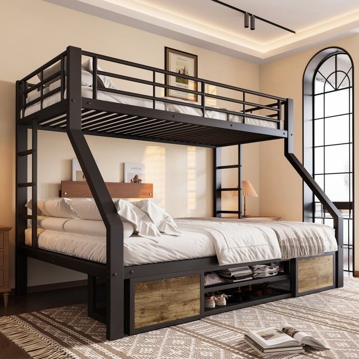 Lit superposé 90x200 ou 140x200 cm avec rangements étagère à chaussures échelle certifié EN747 noir - Sans Matelas Lit superposé 90x200 ou 140x200 cm avec rangements étagère à chaussures échelle certifié EN747 noir - Sans Matelas