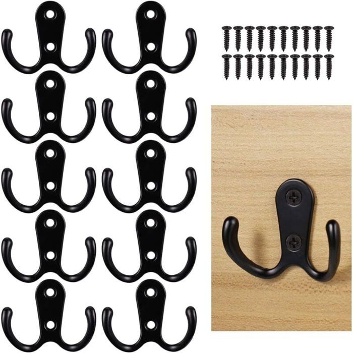 Lot de 10 Crochet de Manteau Crochet de Portemanteau Mural Noir Double Crochet de Manteau avec Vis de Montage Patère Mural