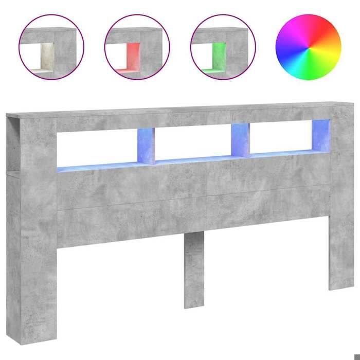 Promo 2026 Armoire de tête de lit pour Lit 2 personnes - Tête de lit à LED gris béton 200x185x1035cm bois dingénierie 1176138