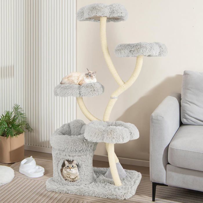 Comparer les prix de GIANTEX Arbre à Chat 165 CM 4 Plates-Formes en Forme de Fleur GrotteGriffoir en Sisal Centre d’Activités pour Chats Gris