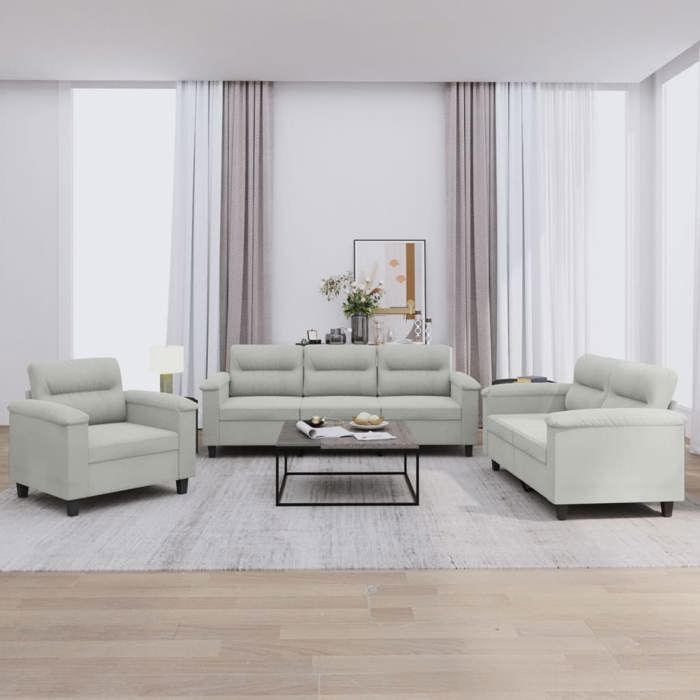 Ensemble de canapés en microfibre - vidaXL - 3 pièces - Gris clair - Tissu microfibre - Dimensions fauteuil: 90x77x80 cm