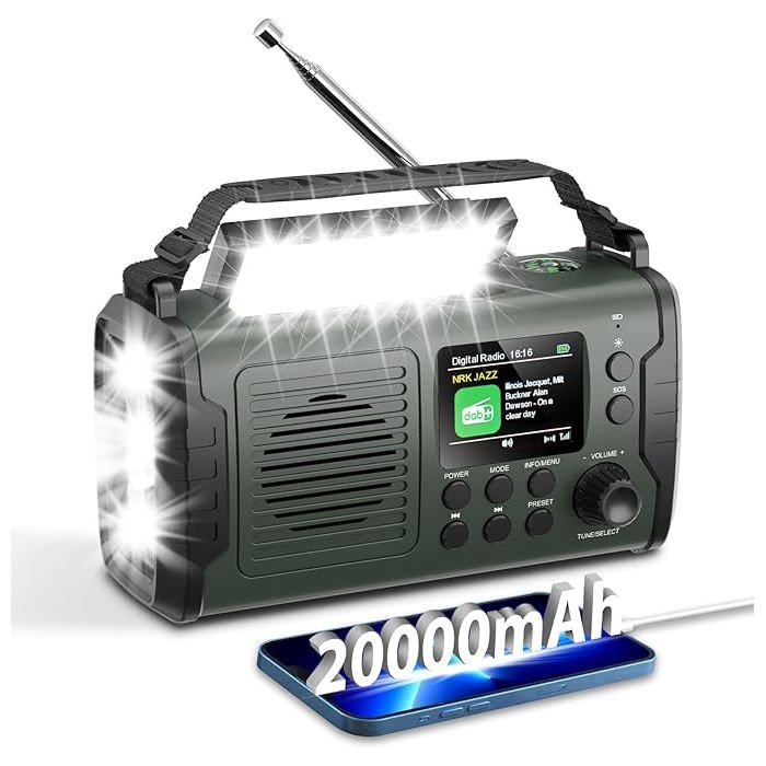 Radio à manivelle durgence - XVX - 20 000 mAh - Bluetooth - Radio solaire DAB/FM - Lampe de poche - Chargeur USB