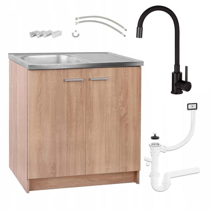Meuble sous Évier 80 cm Chêne Sonoma + Évier Deante Inox + Robinet Extensible Noir + Siphon LV - 80x49x82 cm