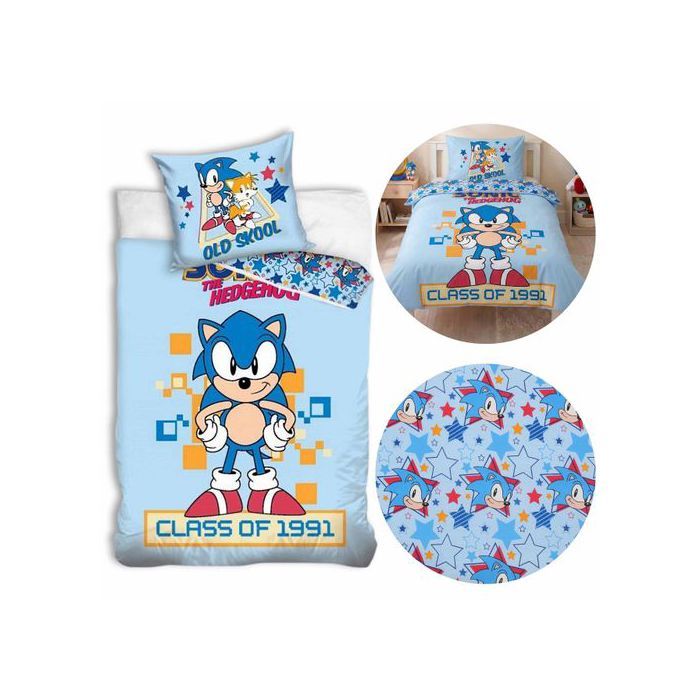 Sonic Bleu réversible literie pour enfants avec fermeture éclair 100% coton 140x200cm+70x90cm OEKO-TEX