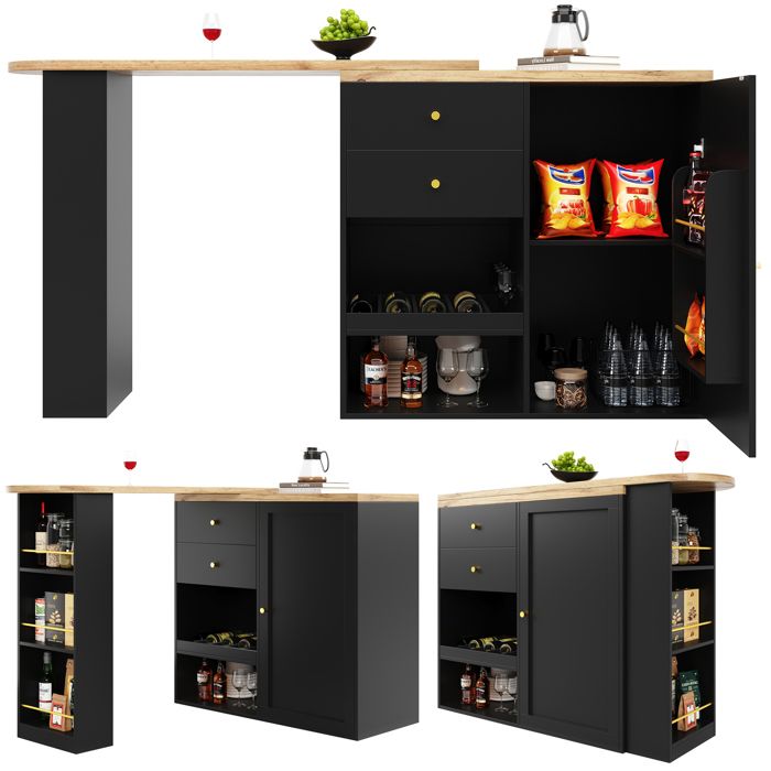 Table de bar - Rotatif à 360° - 2 tiroirs - 3 étagères pivotantes - MDF finition bois cadre métal noir
