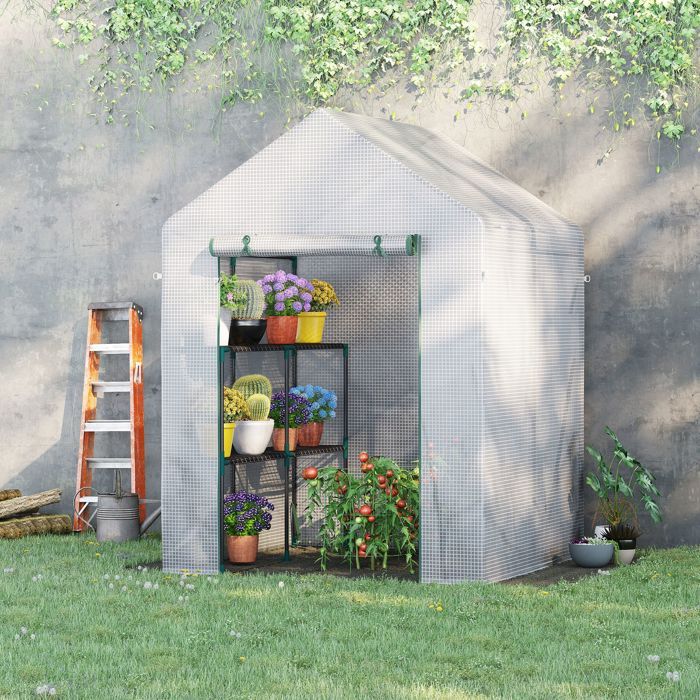 MOTHINESSTO994-Serre de jardin PE avec étagères 2 niveaux serre de balcon bâche renforcée 140 g/m² châssis en acier porte zippée