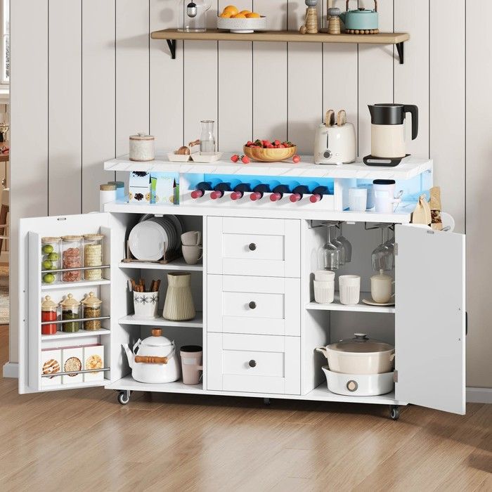 Chariot de cuisine - N635P396454W - Plateau rabattable 40–58 cm - Barre LED télécommandée - 2 portes 3 tiroirs