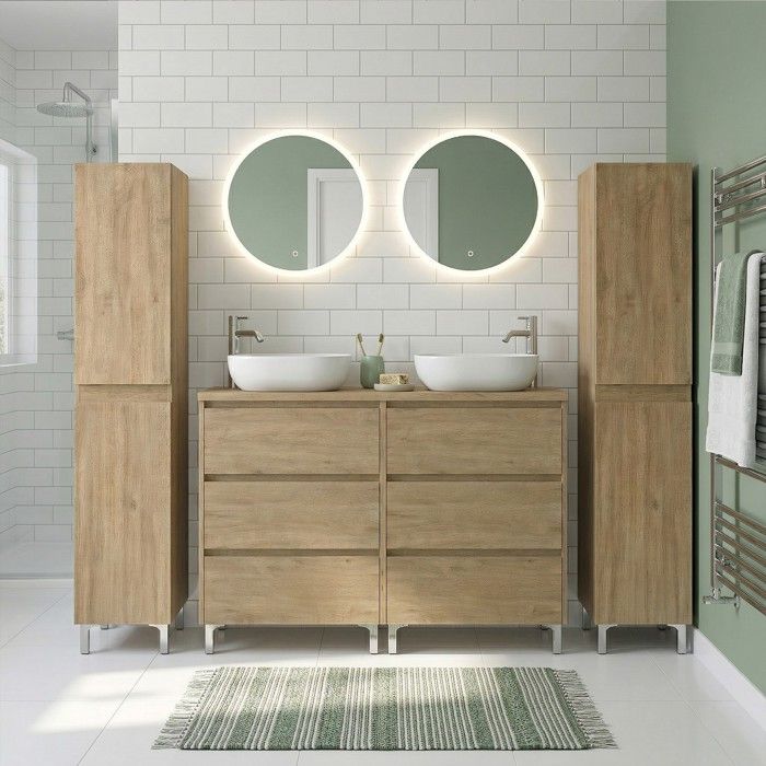 Ensemble meuble double vasque à poser L. 120 cm + 2 colonnes sur pied 6 tiroirs Chêne naturel LISBONA Ensemble meuble double vasque à poser L. 120 cm + 2 colonnes sur pied 6 tiroirs Chêne naturel LISBONA