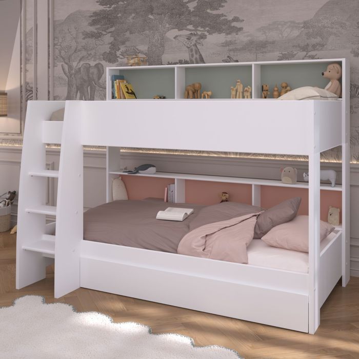Lit superposé avec tiroir Blanc Vert Céladon et Terracotta - Terre de Nuit