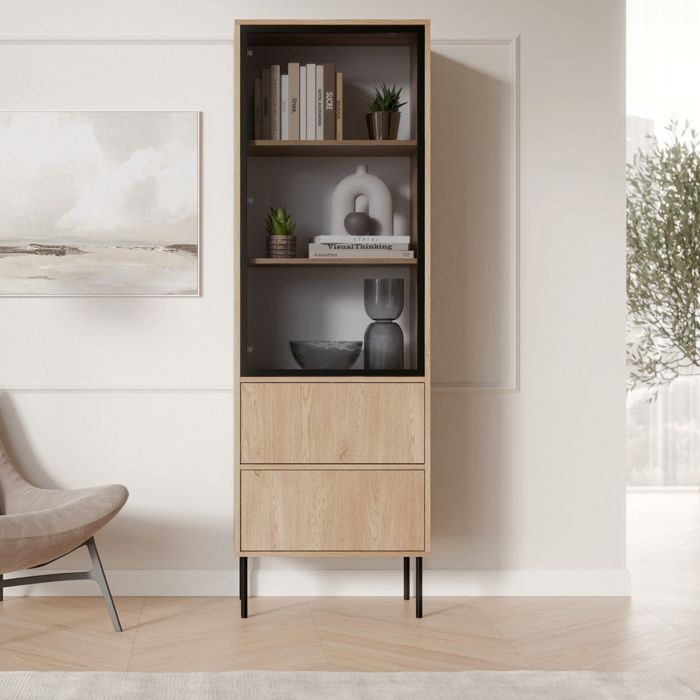 Vitrine Zanica Dmora en Bois Noble Chêne Marron 60x40x185h cm Vitrine Zanica Dmora en Bois Noble Chêne Marron 60x40x185h cm