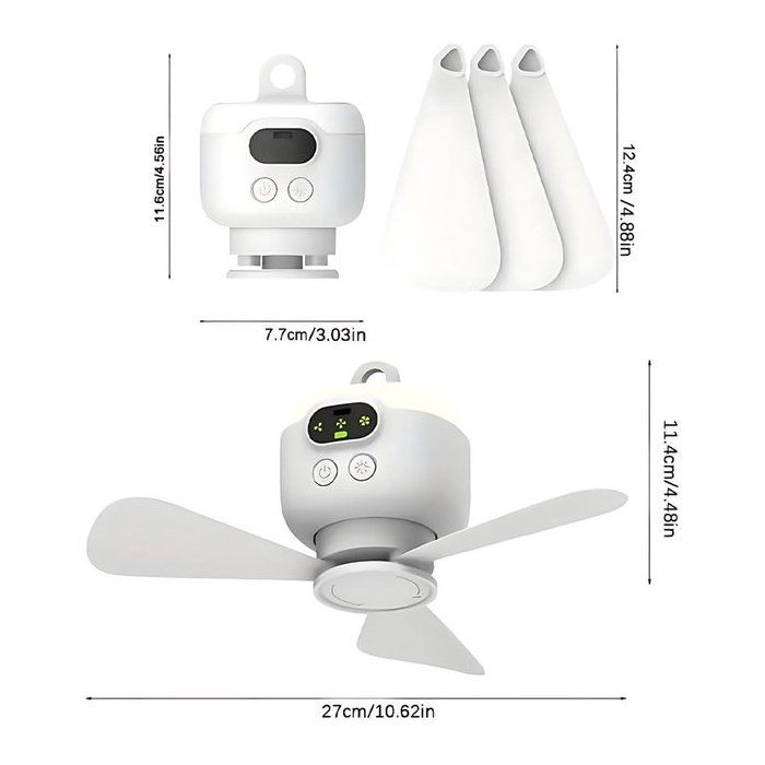 Ventilateur de camping portable – Ventilateur de plafond pour tente – Rechargeable avec lumière & crochet – Minuteur & arrêt