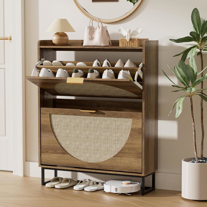 Meuble à chaussures en bois 2 portes - Rangement rotin réglable format étroit 80 x 24 x 102 cm  Pour entrée salon couloir