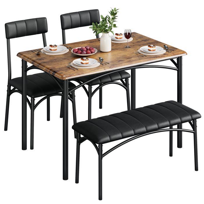 Garvee Ensemble salle à manger 4 pièces compact: table bois banc rembourré 2 chaises. Idéal petit espace style rétro. Marron.