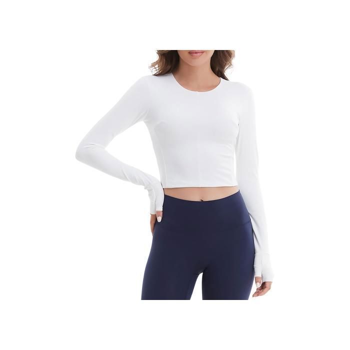 T-shirt sport femme manches longues respirant Slim Fit blanc L avec coussinets amovibles et trous pour pouces yoga fitness