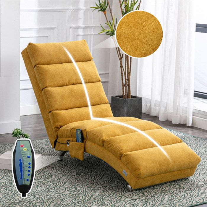 Fauteuil de relaxation fixe 1 place avec vibration douce poche latérale lin jaune moutarde 148 x 55 x 84 cm