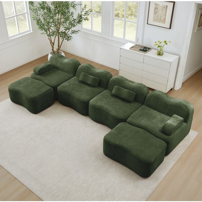 JOINERY Canapé Modulable Angle 4 Places En U Avec 2 Poufs Velours Vert Mousse 32D Sans Montage Pour Salon Confortable Familial