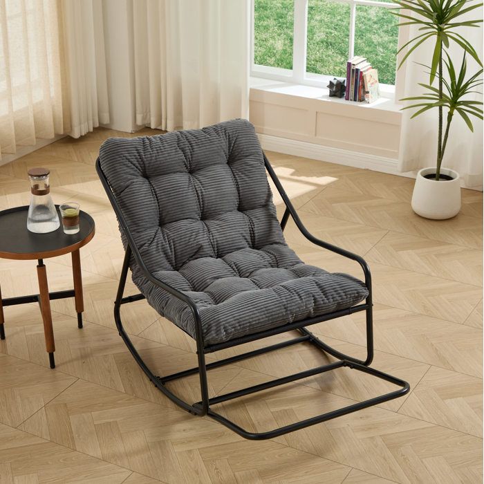 WOVREO Fauteuil à bascule 116 x 75 x 82 cm avec coussin épais acier thermolaqué noir et gris
