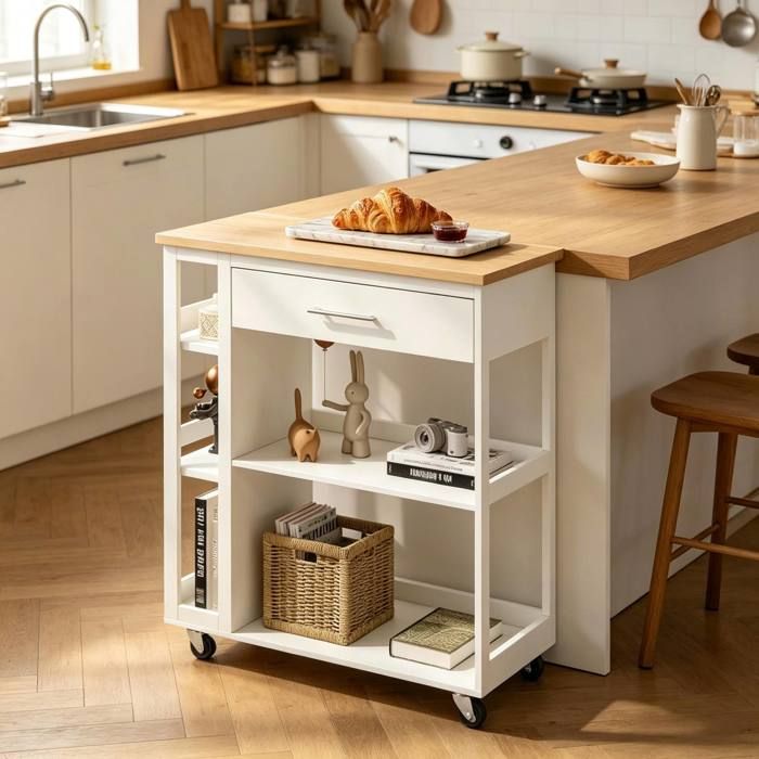 Desserte de cuisine sur roulettes 73 x 38 x 88 cm en MDF blanc et décor bois avec 1 tiroir et étagères ouvertes