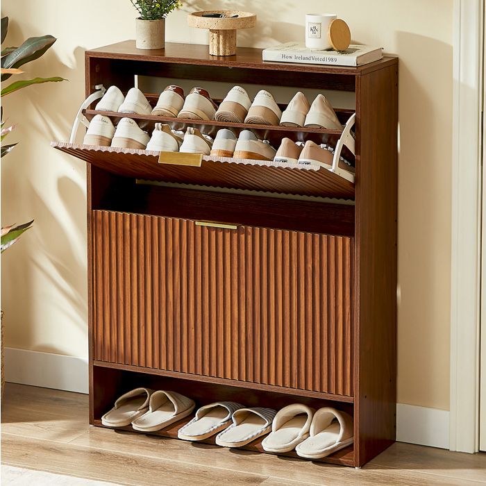 Meuble à chaussures avec étagères réglables 2 portes battantes anti-basculement pour entrée MDF noyer - UVRION